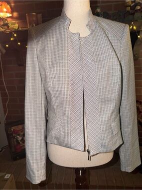 White House Black Market Cropped Moto Blazer Jacket Black White Size 6